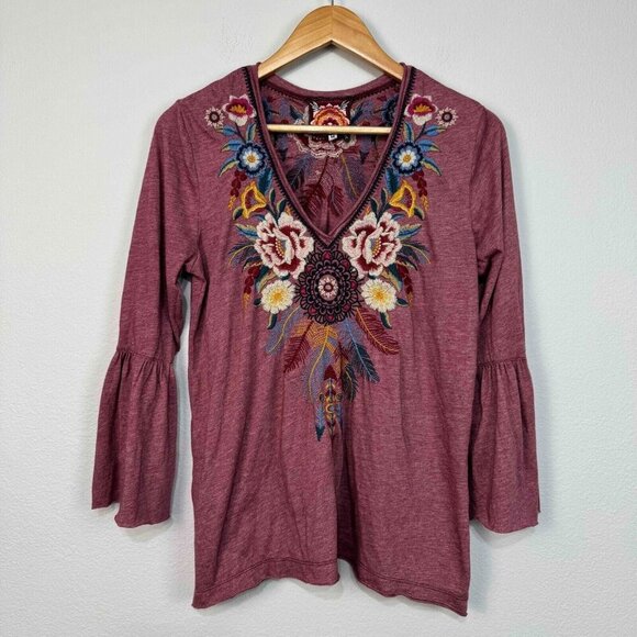 Johnny Was Womens Darielle Flute Sleeve Tee Floral Embroidered Blackberry Medium - Picture 2 of 11